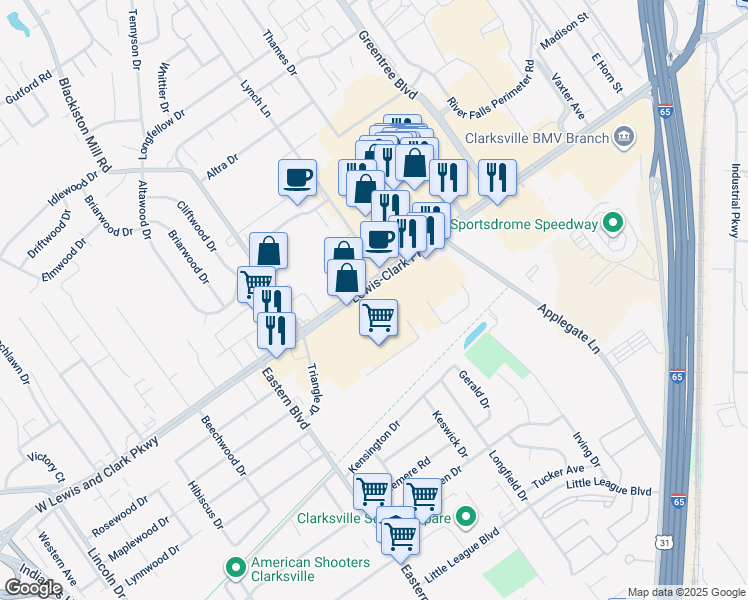 map of restaurants, bars, coffee shops, grocery stores, and more near 600 E Lewis and Clark Pkwy in Clarksville