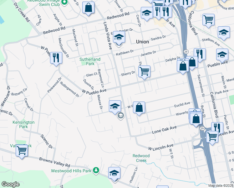 map of restaurants, bars, coffee shops, grocery stores, and more near 2308 Bueno Street in Napa