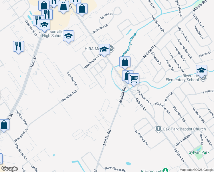 map of restaurants, bars, coffee shops, grocery stores, and more near 2099 Steamboat Way in Jeffersonville
