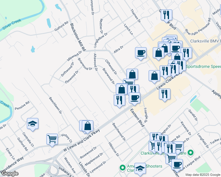 map of restaurants, bars, coffee shops, grocery stores, and more near 1512 Altawood Drive in Clarksville