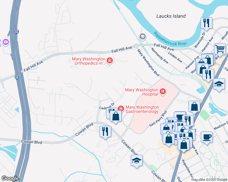 map of restaurants, bars, coffee shops, grocery stores, and more near 1012 Maureen Drive in Fredericksburg