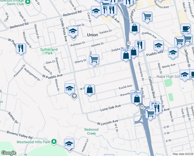 map of restaurants, bars, coffee shops, grocery stores, and more near 2127 Morlan Drive in Napa