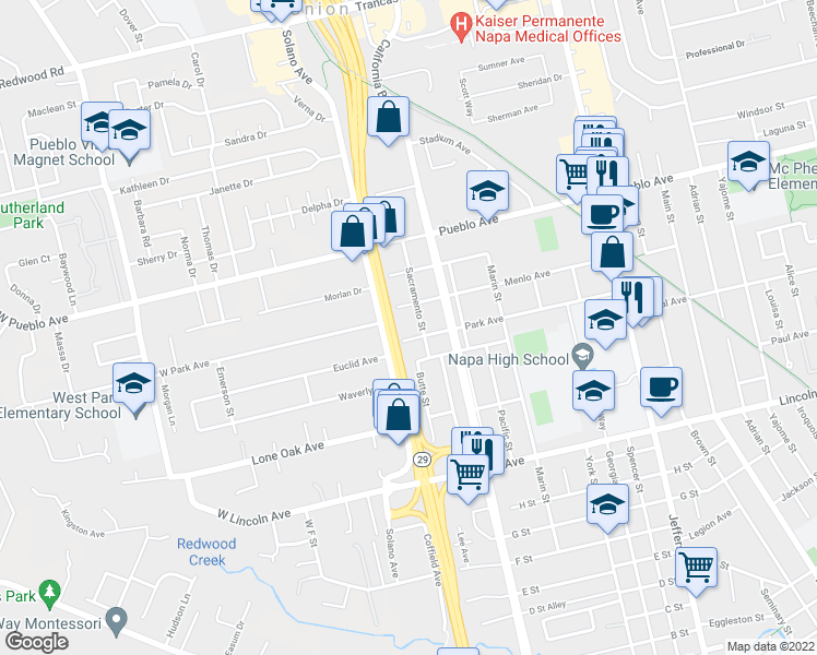 map of restaurants, bars, coffee shops, grocery stores, and more near 1820 Park Avenue in Napa