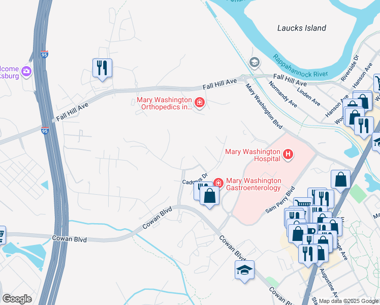 map of restaurants, bars, coffee shops, grocery stores, and more near 1012 Roberts Court in Fredericksburg
