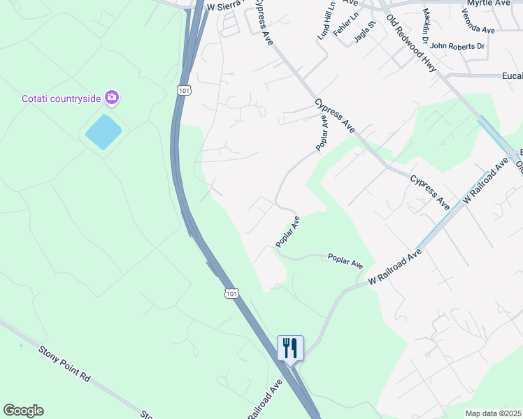 map of restaurants, bars, coffee shops, grocery stores, and more near 8943 Poplar Avenue in Cotati