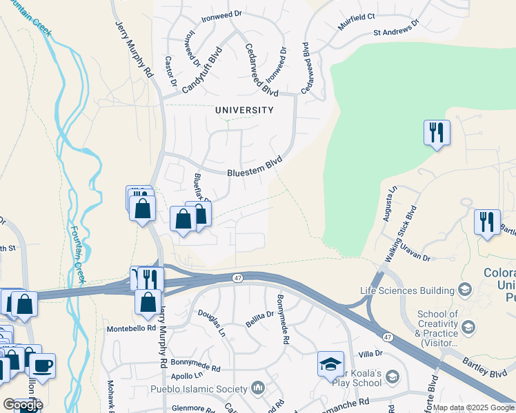 map of restaurants, bars, coffee shops, grocery stores, and more near 935 Village Circle in Pueblo