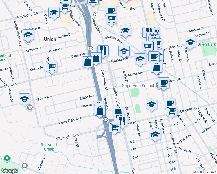 map of restaurants, bars, coffee shops, grocery stores, and more near 1730 Park Avenue in Napa