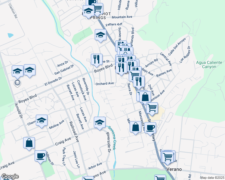 map of restaurants, bars, coffee shops, grocery stores, and more near 120 Orchard Avenue in Sonoma