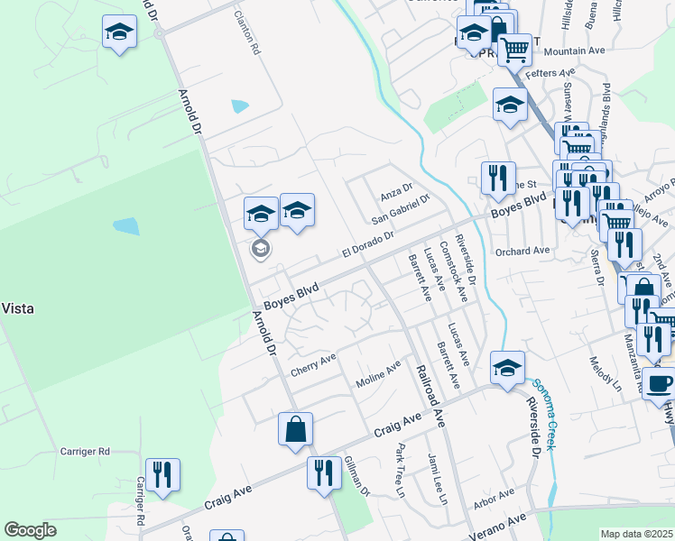 map of restaurants, bars, coffee shops, grocery stores, and more near 757 Amherst Circle in Sonoma