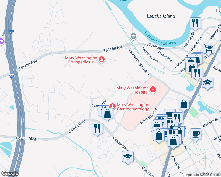 map of restaurants, bars, coffee shops, grocery stores, and more near 1009 Maureen Drive in Fredericksburg