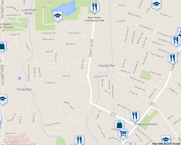 map of restaurants, bars, coffee shops, grocery stores, and more near 2408 Grant Line Road in New Albany