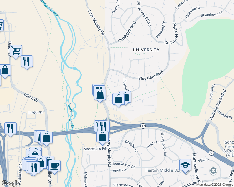 map of restaurants, bars, coffee shops, grocery stores, and more near 4026 Jerry Murphy Road in Pueblo