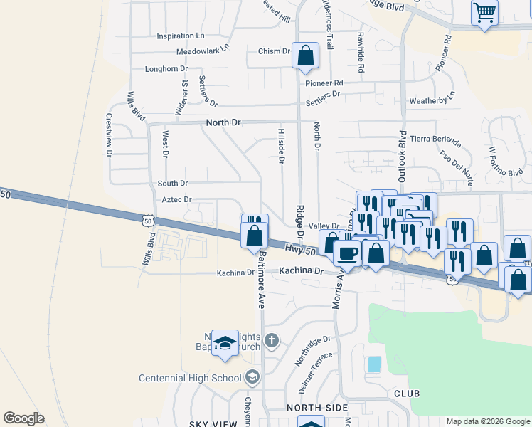 map of restaurants, bars, coffee shops, grocery stores, and more near 4019 Valley Dr in Pueblo
