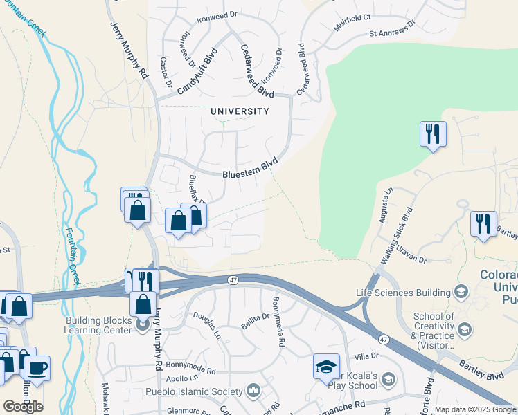 map of restaurants, bars, coffee shops, grocery stores, and more near 935 Village Circle in Pueblo