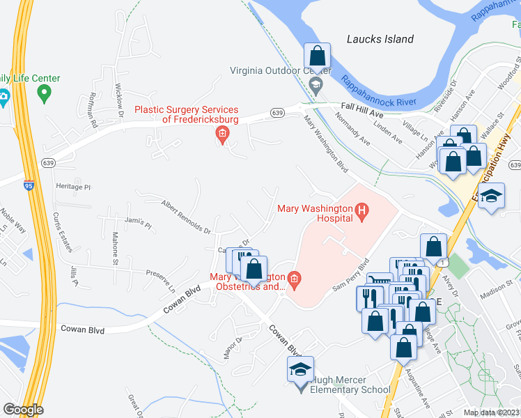 map of restaurants, bars, coffee shops, grocery stores, and more near 1009 Maureen Drive in Fredericksburg