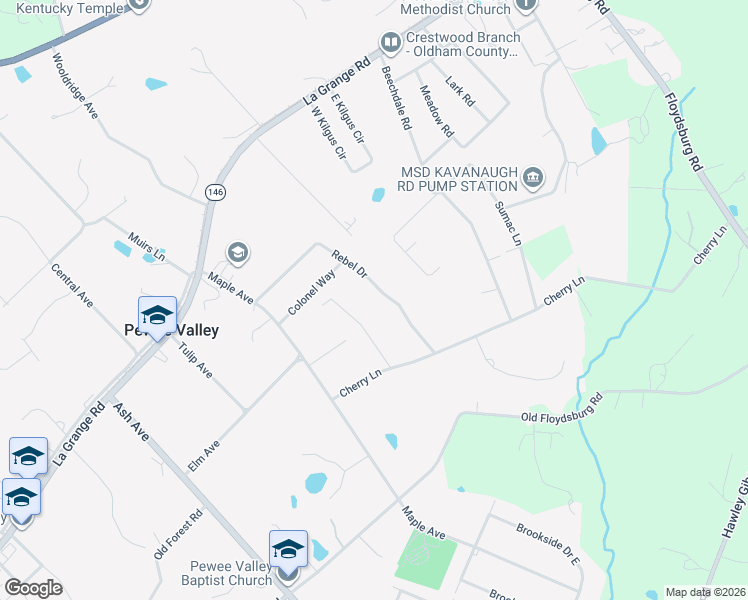 map of restaurants, bars, coffee shops, grocery stores, and more near 208 Rebel Drive in Pewee Valley