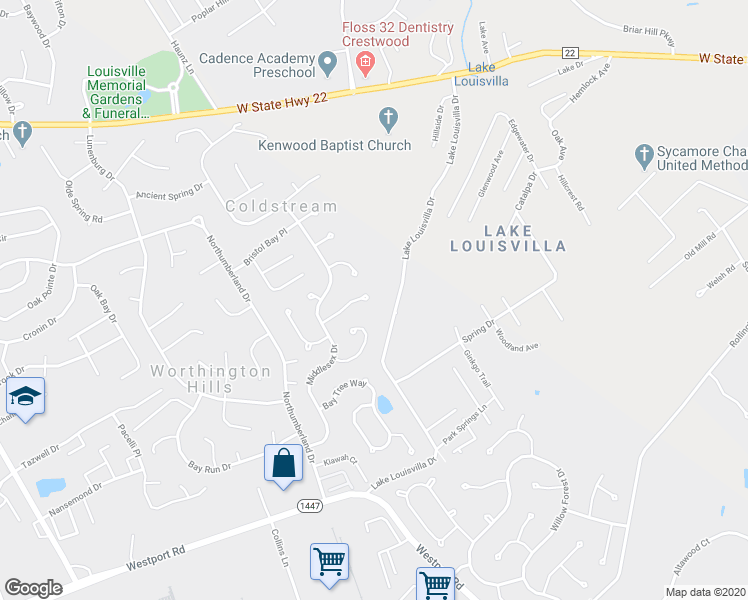 map of restaurants, bars, coffee shops, grocery stores, and more near 12622 Chesapeake Bay Drive in Louisville