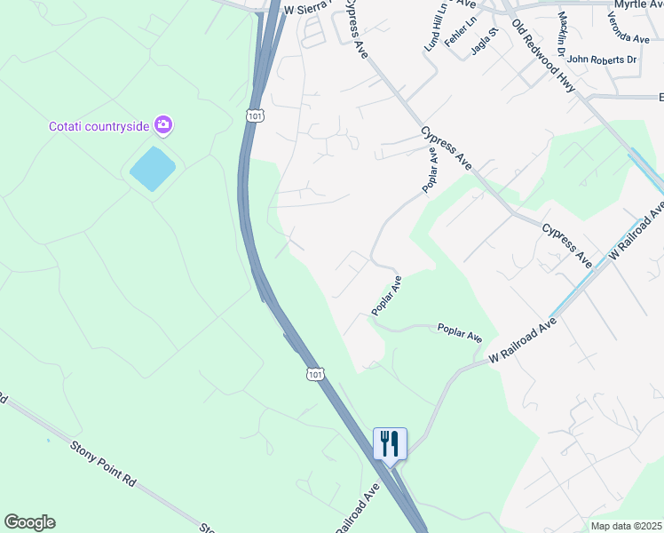 map of restaurants, bars, coffee shops, grocery stores, and more near 8943 Poplar Avenue in Cotati