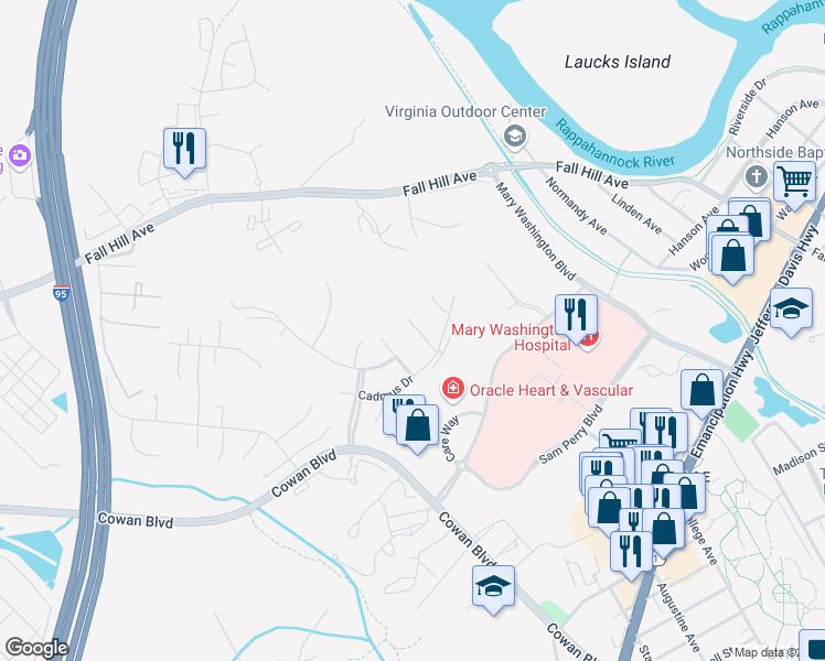 map of restaurants, bars, coffee shops, grocery stores, and more near 1012 Maureen Drive in Fredericksburg