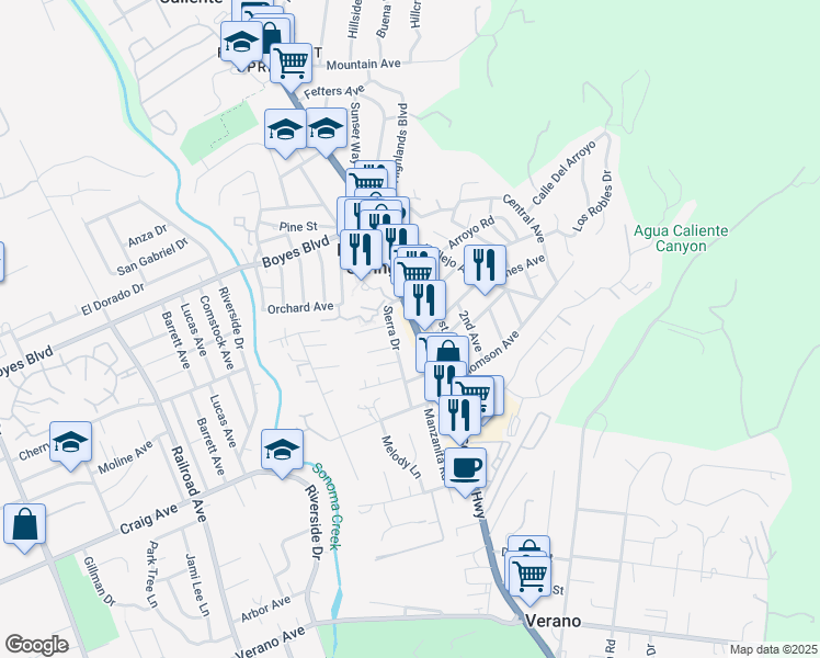 map of restaurants, bars, coffee shops, grocery stores, and more near 18349 Sierra Drive in Sonoma