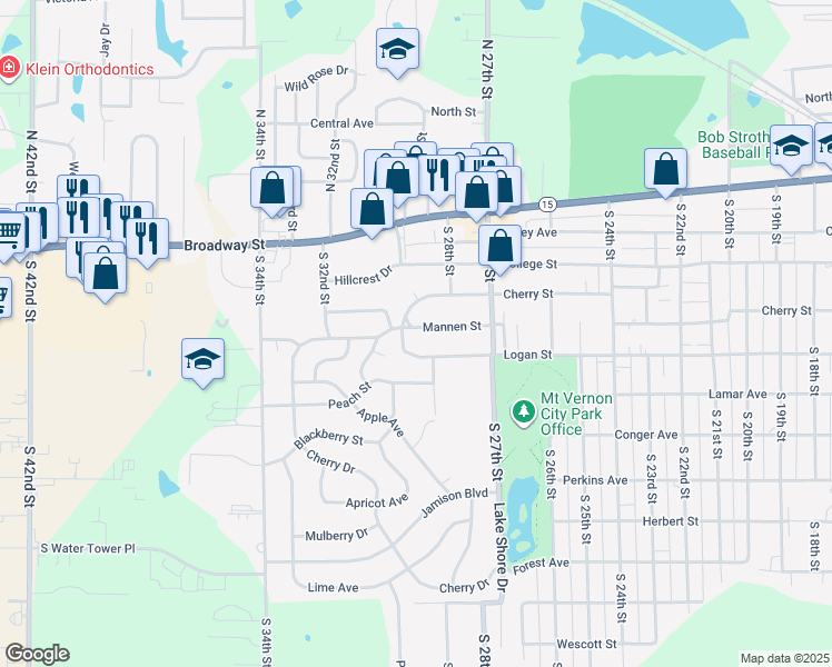 map of restaurants, bars, coffee shops, grocery stores, and more near 2815 Mannen St in Mt Vernon