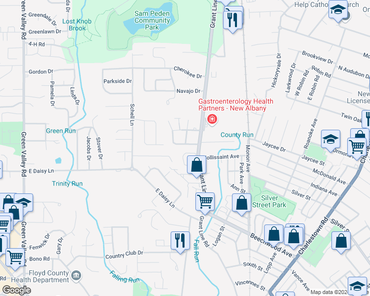 map of restaurants, bars, coffee shops, grocery stores, and more near 632 Nelson Avenue in New Albany