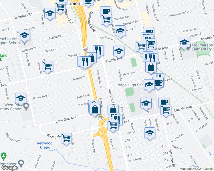 map of restaurants, bars, coffee shops, grocery stores, and more near 1730 Park Avenue in Napa