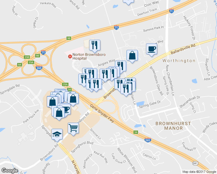 map of restaurants, bars, coffee shops, grocery stores, and more near 4801 Norton Healthcare Blvd in Louisville