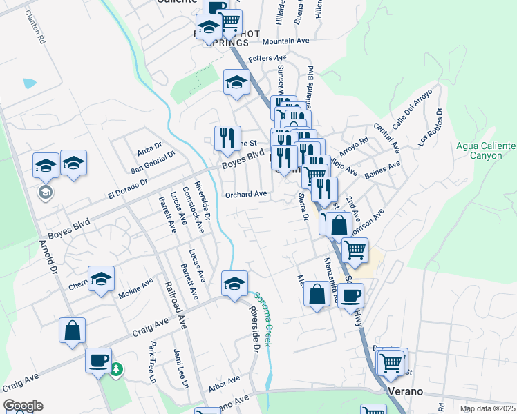 map of restaurants, bars, coffee shops, grocery stores, and more near 18161 Happy Lane in Sonoma