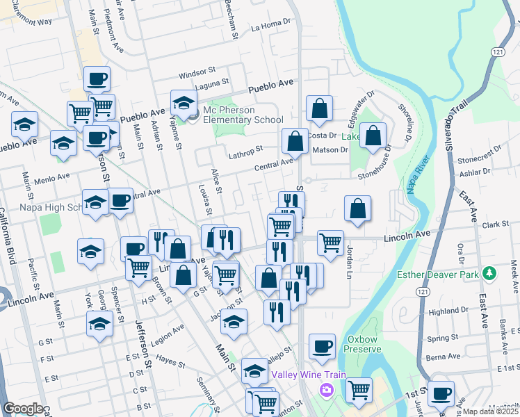 map of restaurants, bars, coffee shops, grocery stores, and more near 770 Lincoln Avenue in Napa