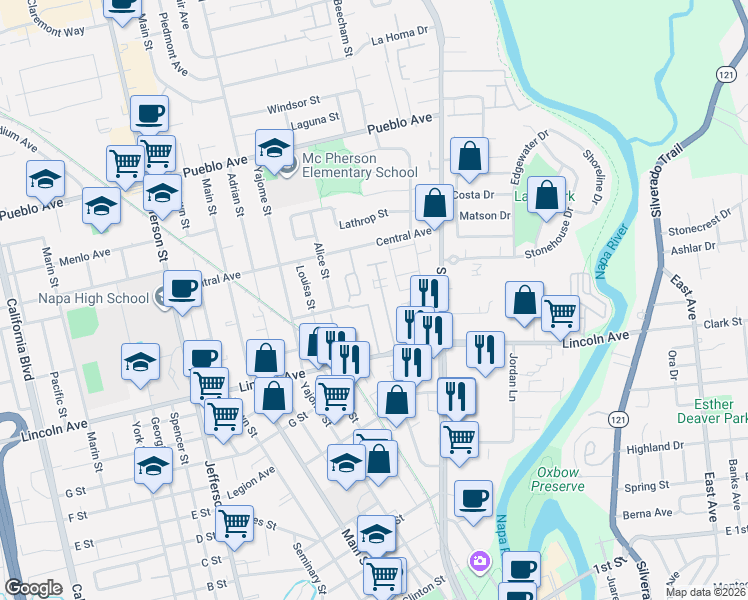 map of restaurants, bars, coffee shops, grocery stores, and more near 770 Lincoln Avenue in Napa