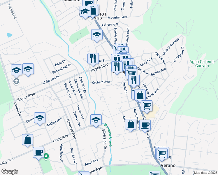 map of restaurants, bars, coffee shops, grocery stores, and more near 120 Orchard Avenue in Sonoma
