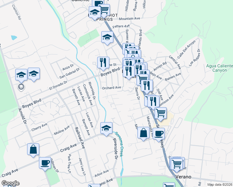 map of restaurants, bars, coffee shops, grocery stores, and more near 120 Orchard Avenue in Sonoma