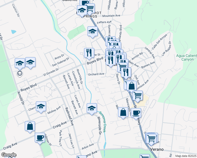 map of restaurants, bars, coffee shops, grocery stores, and more near 120 Orchard Avenue in Sonoma