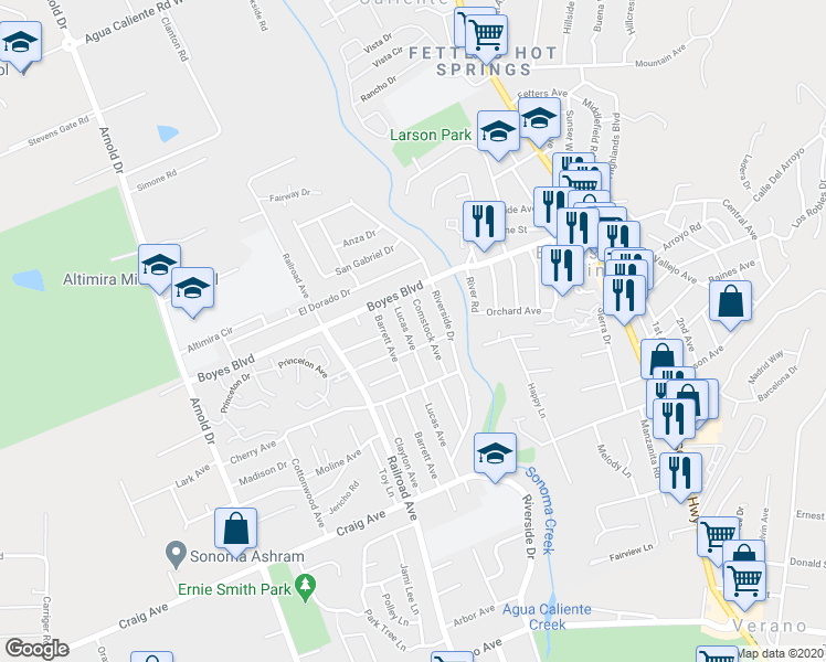 map of restaurants, bars, coffee shops, grocery stores, and more near 18090 Comstock Avenue in Sonoma