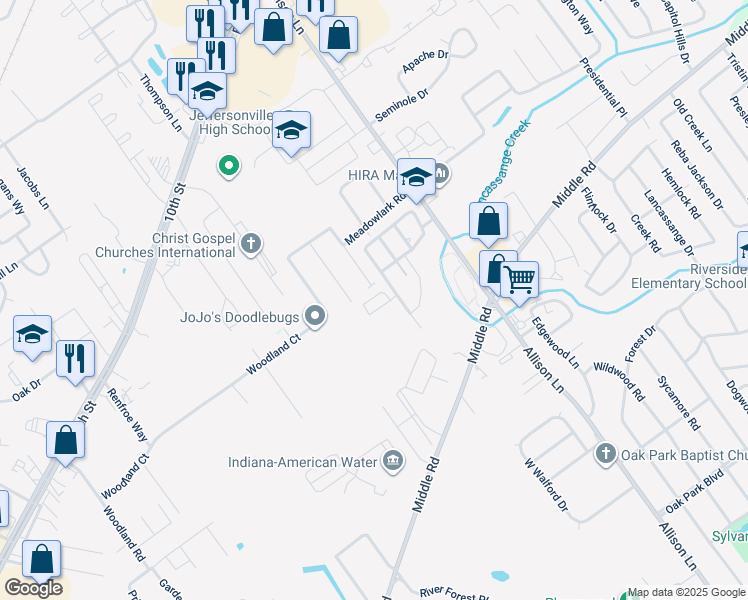 map of restaurants, bars, coffee shops, grocery stores, and more near 2007 Blue Teal Ln in Jeffersonville