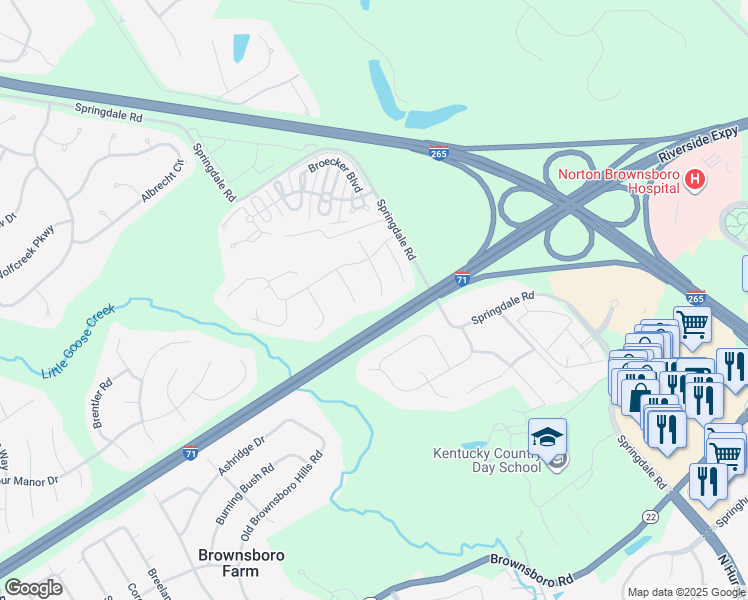 map of restaurants, bars, coffee shops, grocery stores, and more near 4402 Creekcrossing Drive in Louisville