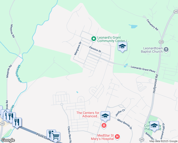 map of restaurants, bars, coffee shops, grocery stores, and more near 23512 Sly Fox Way in Leonardtown