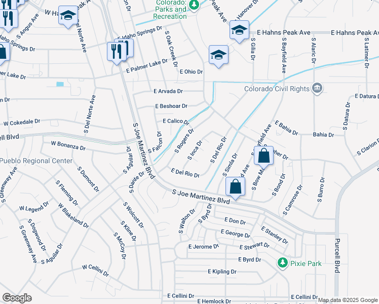 map of restaurants, bars, coffee shops, grocery stores, and more near 655 South Inca Drive in Pueblo West