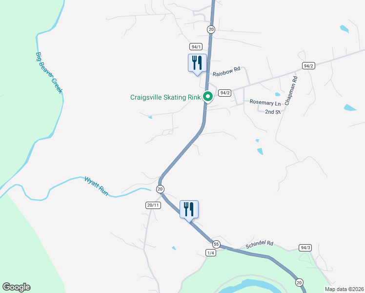 map of restaurants, bars, coffee shops, grocery stores, and more near 1354 Craigsville Road in Craigsville