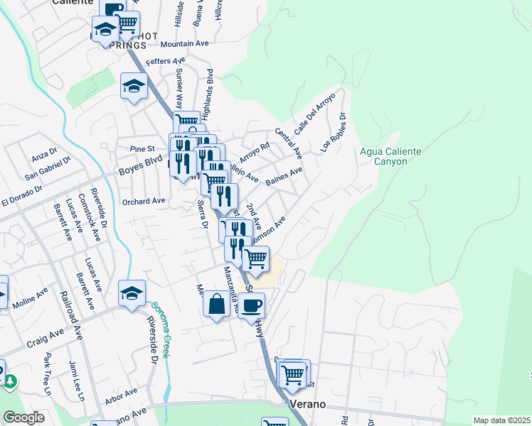 map of restaurants, bars, coffee shops, grocery stores, and more near 18418 3rd Avenue in Sonoma