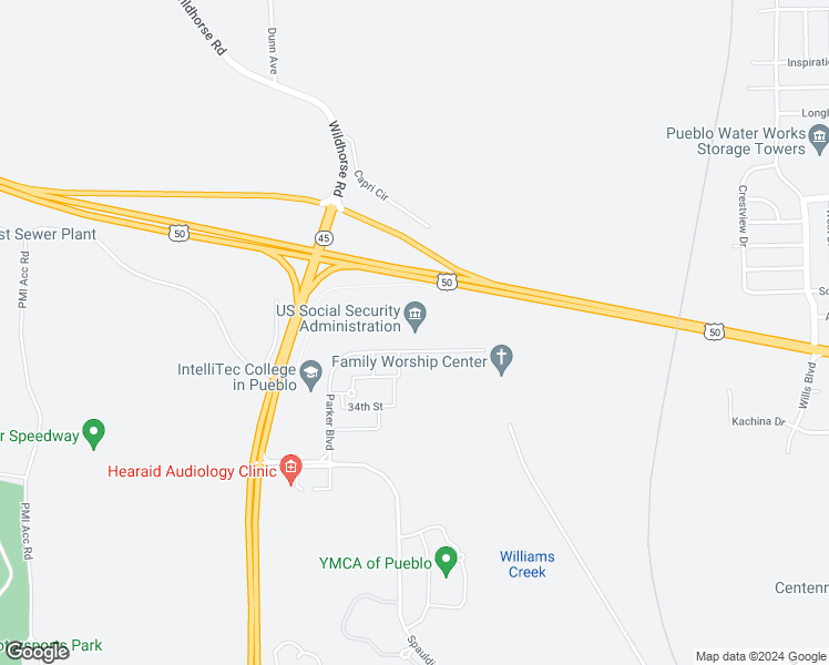 map of restaurants, bars, coffee shops, grocery stores, and more near 3769 Parker Boulevard in Pueblo