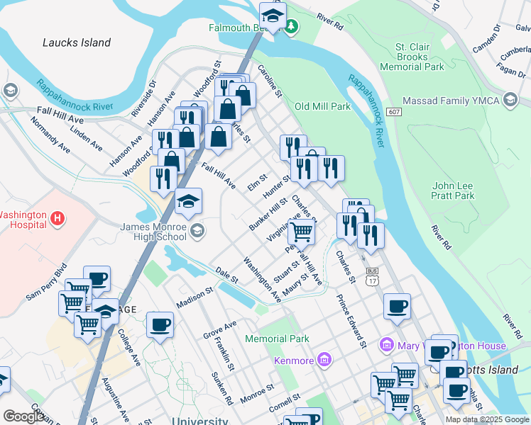 map of restaurants, bars, coffee shops, grocery stores, and more near 2101 Fall Hill Avenue in Fredericksburg