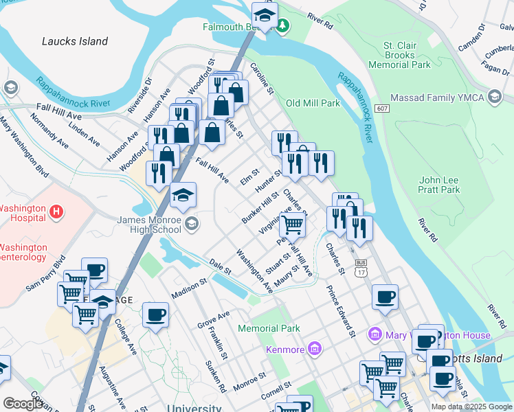 map of restaurants, bars, coffee shops, grocery stores, and more near 2101 Fall Hill Avenue in Fredericksburg