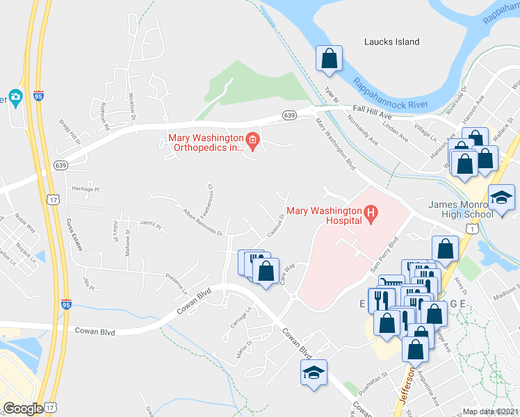 map of restaurants, bars, coffee shops, grocery stores, and more near 1018 Maureen Drive in Fredericksburg