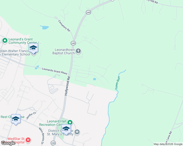 map of restaurants, bars, coffee shops, grocery stores, and more near 23067 Town Run Drive in Leonardtown