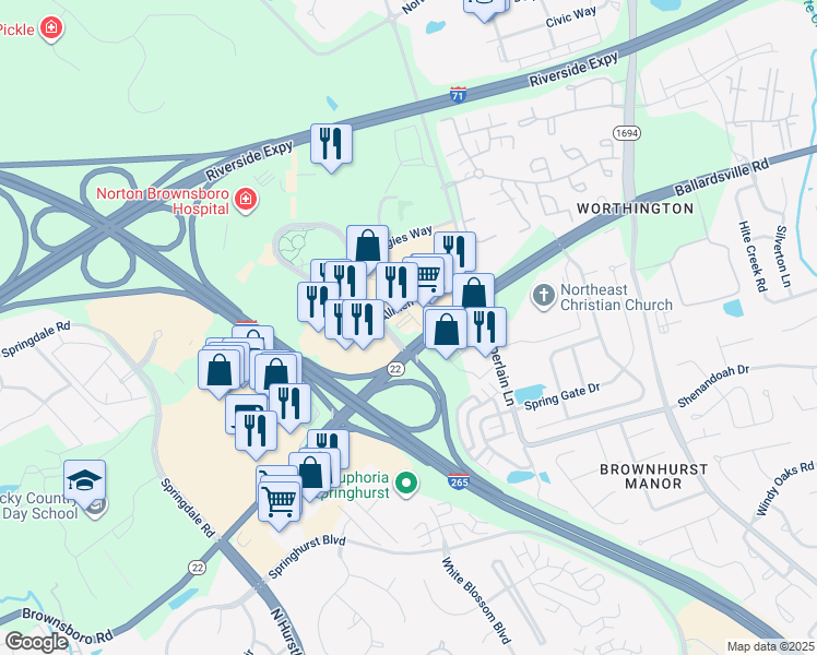 map of restaurants, bars, coffee shops, grocery stores, and more near 4801 Norton Healthcare Boulevard in Louisville
