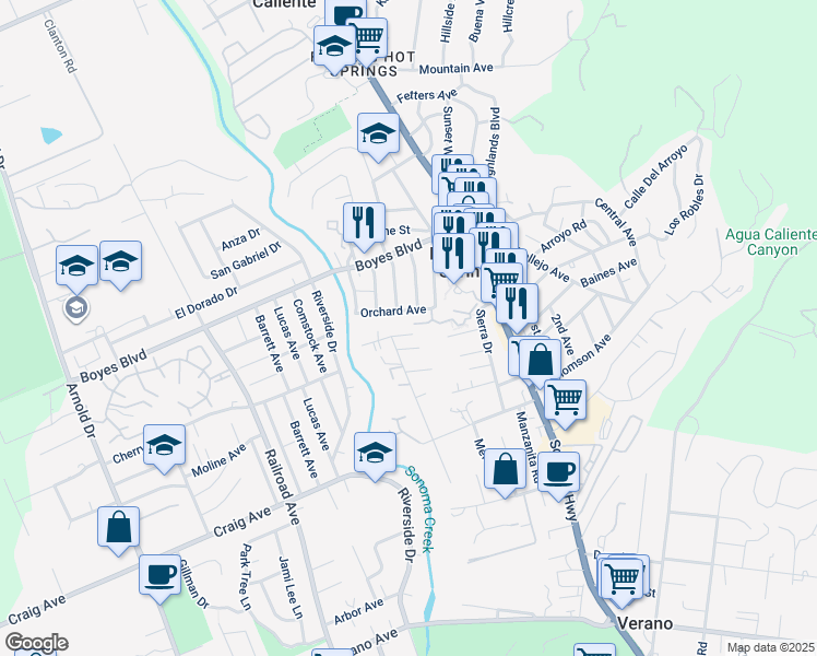 map of restaurants, bars, coffee shops, grocery stores, and more near 120 Orchard Avenue in Sonoma