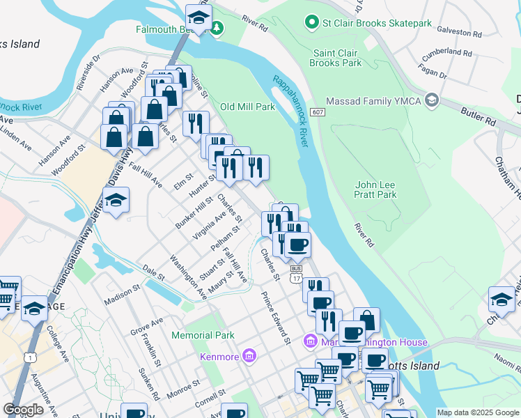 map of restaurants, bars, coffee shops, grocery stores, and more near 1821 Princess Anne Street in Fredericksburg