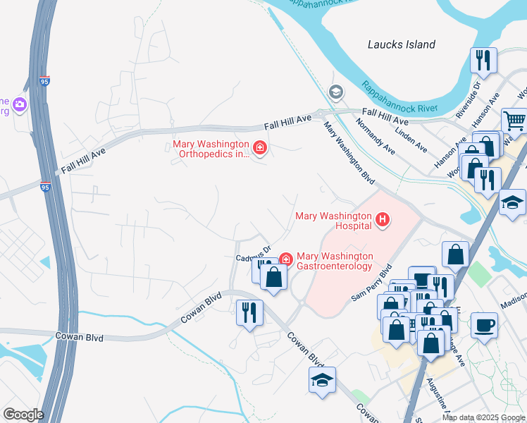 map of restaurants, bars, coffee shops, grocery stores, and more near 1022 Maureen Drive in Fredericksburg
